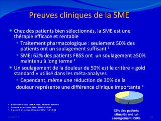 Preuves cliniques de la SME Chez des patients bien sélectionnés, la SME est une thérapie efficace et rentable Traitement pharmacologique : seulement 50% des patients ont un soulagement suffisant  1 SME: 62% des patients FBSS ont  un soulagement ≥50% maintenu à long terme  2 Un soulagement de la douleur de 50% est le critère « gold standard » utilisé dans les méta-analyses Cependant, même une réduction de 30% de la douleur représente une différence clinique importante  3 12/08/11 Eisenberg E et al. JAMA 2005; 293(24): 3043-52 Taylor R et al. Spine 2005; 30(1): 152-60 Cruccu G et al. Eur J Neurol 2004, 11: 153-62 62% des patients stimulés ont  un soulagement ≥50% 