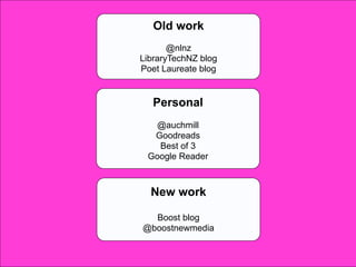 Old work
       @nlnz
LibraryTechNZ blog
Poet Laureate blog


   Personal
  @auchmill
  Goodreads
   Best of 3
 Google Reader



  New work

  Boost blog
@boostnewmedia

                     11
 