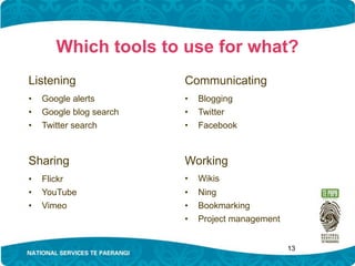 Which tools to use for what?
Listening                Communicating
•   Google alerts        •   Blogging
•   Google blog search   •   Twitter
•   Twitter search       •   Facebook



Sharing                  Working
•   Flickr               •   Wikis
•   YouTube              •   Ning
•   Vimeo                •   Bookmarking
                         •   Project management


                                                  13
 