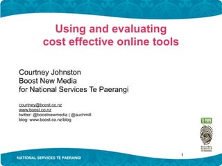 Using and evaluating
           cost effective online tools

Courtney Johnston
Boost New Media
for National Services Te Paerangi
courtney@boost.co.nz
www.boost.co.nz
twitter: @boostnewmedia | @auchmill
blog: www.boost.co.nz/blog




                                         1
 