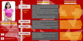 Nguyen Ha Giang
(+84) 905 59 13 10
Giang.ngha@aiesec.net
Giangngha@gmail.com
AIESEC Danang, Vietnam
Local Committee Vice President
Talent Management
GCDP EP, INDONESIA
VPTM TRANSITION
VPTM TERM
Learning Points
06-07/2013
09-11/2013
01-03/2014
04/2014
-now
Achievements
• Authentic and vulnerable leadership creates shared
values, understanding and strong chemistry among
team members.
•. Do not rush for changes. Change management
needs careful planning and time estimation!
• How to retain talented members: know my team,
coach for improvements, make fun a priority, focus
on values.
• Communication goes beyond words. Make it
visully, intellectually, emotionally and verbally!
• Increase TMP/TLP NPS score from 20
in quarter 1 to 58 in quarter 2.
• Launch coaching program, members’
average rating for satisfaction is 9/10
• Internal event: improving significantly in
both attendance and organizing quality.
• Created Grand Unified Model, starting
to synchronize all internal talent data.
• The power of faith and passion: place a strong
belief in yourself.
• Trust my teammates: they deserve the rights to
understand and help me!
• Careful preparation and rehearsal, tasks should be
well-finished sooner than deadlines!
• Successful recruitment: supply the
serious HR need and build a potential
pipeline for the Local Committee.
• Significant induction, leaders are highly
satisfied with newbies’ performances
(8.36/10, highest rank in AIESEC Vietnam)
• Active listening, Right attitude when giving or
receiving feedbacks.
• Small, consistent, significant actions make
tremendous changes!
• Support children aged 4-6 in access to
English, socialization with local people
on hygiene issues.
• International relationships with people
with the same life purpose, passions
and value system.
TM TEAM MEMBER
 