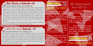 Worst Decision in leadership role
Making a too ambitious functional plan when I was beginning my term.
I didn’t consider well all the resources I have and the feasibility of my plans. I was too obsessed
about creating new strategies, new initiatives. After three months working, my team and I did a
consolidation and re-planning together. We agreed that my unpractical plan has too many focus,
which are not really critical in the local situation. The plan made us exhausted, and inachieving. The
plan underestimate the amount of time needed to launch and reinforce changes we want to make.
Then together my team and I defined our key focuses and built our new plan based on that. We
agreed on common goals and common milestones.
Best Decision in leadership role
Recruited potentially “unsuitable” candidates for Talent Management Team
When I did my first Recruitment in March 2014, there are two candidates whom other assessors
strongly convince me not to recruit. One is studying in college (previously in AIESEC Vietnam we
only recruit university students, not college students, for year of study matter). One is President of
another club, and is studying in 3rd year, which means she can’t stay in AIESEC long. I coached
myself and had to reflect several times before making decision. Finally , I took the risk of
recruiting them for 3 reasons. First, I can see their untiring effort to get in AIESEC. Secondly, I
can see that their value systems are matched with AIESEC and with Talent Management. Third, I
know they deserve this chance, because I see that they can develop further ahead through AIESEC
experience.
Up to now, my 2 members are still working hard. Both of them are applying for leadership
positions and their development really makes me proud of my decision!
• AIESEC India is a strong
entity with fast growth, powerful
strategies and developed IT
infrastructure. I believe that I can
learn a lot from working for
Talent Management of AIESEC
India.
• Intention to apply for MCVP
Talent Management next year.
Being NST in such a large entity
will be a tough challenge and
good learning experience.
• Strong passion in the work of
Talent Management. It’s critical,
highly contributing and very
meaningful. My desired career
path: HR insustry or human
education!
Motivation
TO
Apply for NST
NST Relevance
IN
The reality of India
Handle the large scale of
national operation!
Implement specific areas
of focus in this term. In this
case, it is exit process and life-
long connection.
Enhance individual touch
to each LC. In this way, we can
ensure the MC-LC connection
and deliver necessary support
for each LC.
MC need support
from NST to…
 