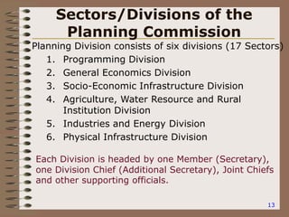 13
Sectors/Divisions of the
Planning Commission
Planning Division consists of six divisions (17 Sectors)
1. Programming Division
2. General Economics Division
3. Socio-Economic Infrastructure Division
4. Agriculture, Water Resource and Rural
Institution Division
5. Industries and Energy Division
6. Physical Infrastructure Division
Each Division is headed by one Member (Secretary),
one Division Chief (Additional Secretary), Joint Chiefs
and other supporting officials.
 