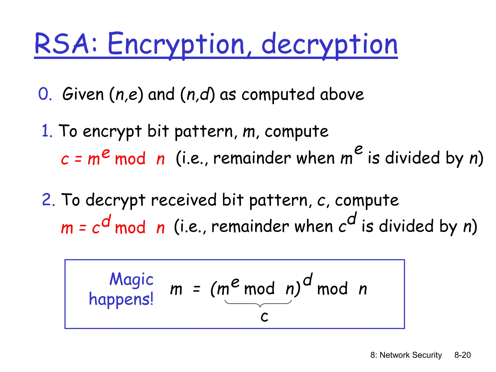 8: Network Security 8-20
RSA: Encryption, decryption
0. Given (n,e) and (n,d) as computed above
1. To encrypt bit pattern, m, compute
c = m mod n
e (i.e., remainder when m is divided by n)
e
2. To decrypt received bit pattern, c, compute
m = c mod n
d (i.e., remainder when c is divided by n)
d
m = (m mod n)
e mod n
d
Magic
happens!
c
 
