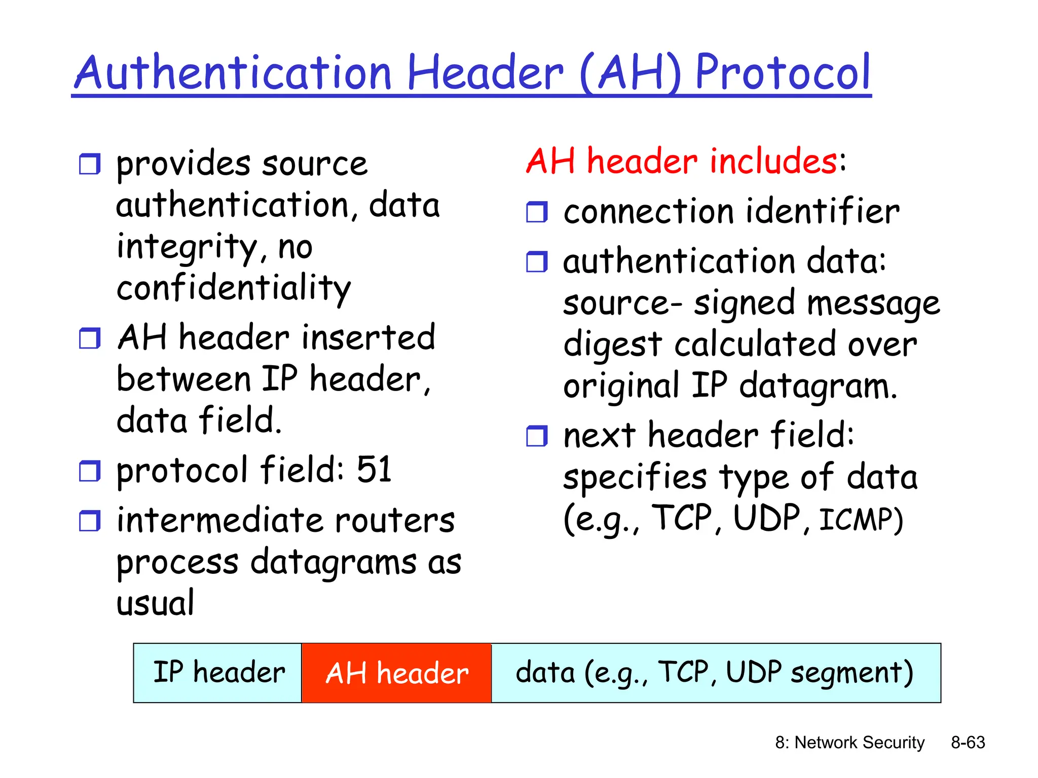 8: Network Security 8-63
Authentication Header (AH) Protocol
 provides source
authentication, data
integrity, no
confidentiality
 AH header inserted
between IP header,
data field.
 protocol field: 51
 intermediate routers
process datagrams as
usual
AH header includes:
 connection identifier
 authentication data:
source- signed message
digest calculated over
original IP datagram.
 next header field:
specifies type of data
(e.g., TCP, UDP, ICMP)
IP header data (e.g., TCP, UDP segment)
AH header
 