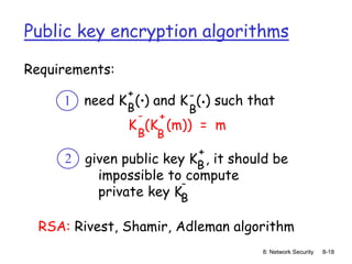 8: Network Security 8-18
Public key encryption algorithms
need K ( ) and K ( ) such that
B B
. .
given public key K , it should be
impossible to compute
private key KB
B
Requirements:
1
2
RSA: Rivest, Shamir, Adleman algorithm
+ -
K (K (m)) = m
B
B
- +
+
-
 