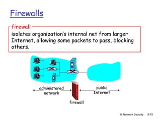 8: Network Security 8-75
Firewalls
isolates organization’s internal net from larger
Internet, allowing some packets to pass, blocking
others.
firewall
administered
network
public
Internet
firewall
 