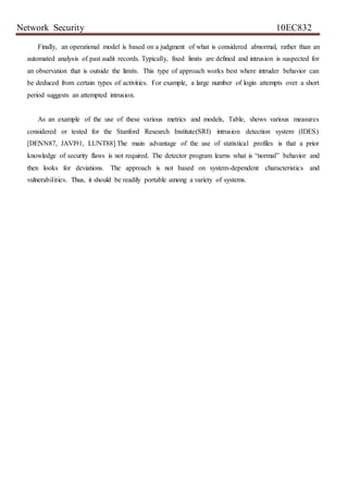 Network Security 10EC832
Finally, an operational model is based on a judgment of what is considered abnormal, rather than an
automated analysis of past audit records. Typically, fixed limits are defined and intrusion is suspected for
an observation that is outside the limits. This type of approach works best where intruder behavior can
be deduced from certain types of activities. For example, a large number of login attempts over a short
period suggests an attempted intrusion.
As an example of the use of these various metrics and models, Table, shows various measures
considered or tested for the Stanford Research Institute(SRI) intrusion detection system (IDES)
[DENN87, JAVI91, LUNT88].The main advantage of the use of statistical profiles is that a prior
knowledge of security flaws is not required. The detector program learns what is “normal” behavior and
then looks for deviations. The approach is not based on system-dependent characteristics and
vulnerabilities. Thus, it should be readily portable among a variety of systems.
 