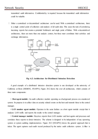 Network Security 10EC832
transmitted audit information. Confidentiality is required because the transmitted audit information
could be valuable.
Either a centralized or decentralized architecture can be used. With a centralized architecture, there
is a single central point of collection and analysis of all audit data. This eases the task of correlating
incoming reports but creates a potential bottleneck and single point of failure. With a decentralized
architecture, there are more than one analysis centers, but these must coordinate their activities and
exchange information.
Fig: 6.2: Architecture for Distributed Intrusion Detection
A good example of a distributed intrusion detection system is one developed at the university of
California at Davis [HEBE92, SNAP91]. Figure 20.2 shows the over all architecture, which consists of
three main components:
• Host agent module: An audit collection module operating as a background process on a monitored
system. Its purpose is to collect data on security related events on the host and transmit these to the central
manager.
• LAN monitor agent module: Operates in the same fashion as a host agent module except that it
analyzes LAN traffic and reports the results to the central manager.
• Central manager module: Receives reports from LAN monitor and host agents and processes and
correlates these reports to detect intrusion. The scheme is designed to be independent of any operating
system or system auditing implementation. Figure 20.3 [SNAP91] shows the general approach that is
taken. The agent captures each audit record produced by the native audit collection system .A filter is
 