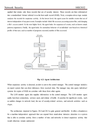 Network Security 10EC832
applied that retains only those records that are of security interest. These records are then reformatted
into a standardized format referred to as the host audit record (HAR). Next, a template-driven logic module
analyzes the records for suspicious activity. At the lowest level, the agent scans for notable events that are of
interest independent of any past events.Examples include failed file accesses,accessingsystem files, and changing
a file’s access control. At the next higher level, the agent looks for sequences of events, such as known attack
patterns (signatures). Finally, the agent looks for anomalous behavior of an individual user based on a historical
profile of that user, such as number of programs executed, number of files accessed.
Fig: 6.2: Agent Architecture
When suspicious activity is detected, an alert is sent to the central manager. The central manager includes
an expert system that can draw inferences from received data. The manager may also query individual
systems for copies of HAR sto correlate with those from other agents.
The LAN monitor agent also supplies information to the central manager. The LAN monitor agent
audits host-host connections, services used, and volume of traffic .It searches for significant events, such
as sudden changes in network load, the use of security-related services, and network activities such as
rlogin.
The architecture depicted in Figures 20.2 and 20.3 is quite general and flexible .It offers a foundation
for a machine-independent approach that can expand from stand-alone intrusion detection to a system
that is able to correlate activity from a number of sites and networks to detect suspicious activity that
would otherwise remain undetected.
 
