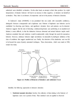 Network Security 10EC832
authorized users identified as intruders. On the other hand, an attempt to limit false positives by a tight
interpretation of intruder behavior will lead to an increase in false negatives, or intruders not identified
as intruders. Thus, there is an element of compromise and art in the practice of intrusion detection.
In Anderson’s study [ANDE80], it was postulated that one could, with reasonable confidence,
distinguish between a masquerader and a legitimate user. Patterns of legitimate user behavior can be
established by observing past history, and significant deviation from such patterns can be detected.
Anderson suggests that the task of detecting a misfeasor(legitimate user performing in an unauthorized
fashion) is more difficult, in that the distinction between abnormal and normal behavior maybe small.
Anderson concluded that such violations would be undetectable solely through the search for anomalous
behavior. However, misfeasor behavior might nevertheless be detectable by intelligent definition of the
class of conditions that suggest unauthorized use. Finally, the detection of the clandestine user was felt
to be beyond the scope of purely automated techniques. These observations, which were made in 1980,
remain true today.
Figure 6.1: Profiles of Behavior of Intruders and Authorized Users
Identifies the following approaches to intrusion detection:
1. Statistical anomaly detection: Involves the collection of data relating to the behavior of
legitimate users over a period of time. Then statistical tests are applied to observed
 