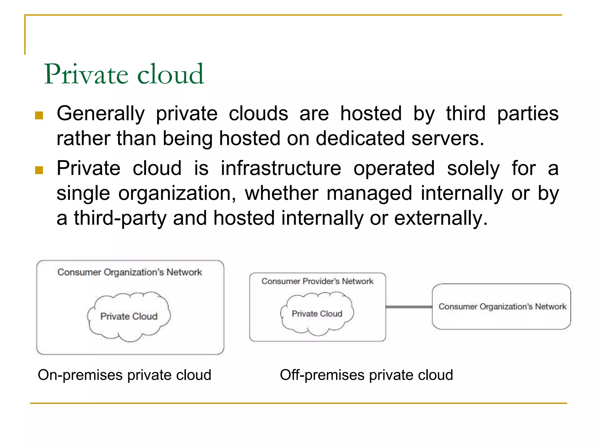 Private cloud
 Generally private clouds are hosted by third parties
rather than being hosted on dedicated servers.
 Private cloud is infrastructure operated solely for a
single organization, whether managed internally or by
a third-party and hosted internally or externally.
On-premises private cloud Off-premises private cloud
 