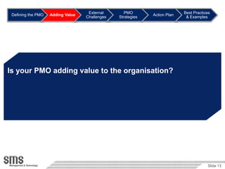 External       PMO                     Best Practices
 Defining the PMO   Adding Value                             Action Plan
                                   Challenges   Strategies                  & Examples




Is your PMO adding value to the organisation?




                                                                                       Slide 13
 