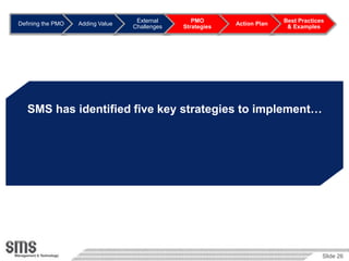 External       PMO                     Best Practices
Defining the PMO   Adding Value                             Action Plan
                                  Challenges   Strategies                  & Examples




   SMS has identified five key strategies to implement…




                                                                                       Slide 26
 