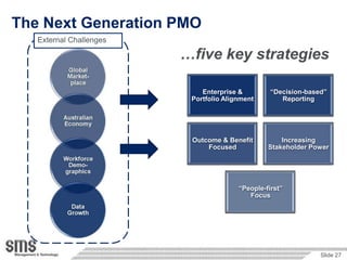 The Next Generation PMO
   External Challenges

                         …five key strategies

                             Enterprise &         “Decision-based”
                          Portfolio Alignment        Reporting




                          Outcome & Benefit          Increasing
                              Focused            Stakeholder Power




                                        “People-first”
                                           Focus




                                                                Slide 27
 
