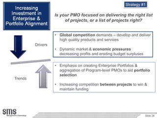Strategy #1

                   Is your PMO focused on delivering the right list
                        of projects, or a list of projects right?


                   • Global competition demands – develop and deliver
                     high quality products and services
         Drivers
                   • Dynamic market & economic pressures
                     decreasing profits and eroding budget surpluses

                   • Emphasis on creating Enterprise Portfolios &
                     aggregation of Program-level PMOs to aid portfolio
                     selection
Trends
                   • Increasing competition between projects to win &
                     maintain funding




                                                                       Slide 28
 