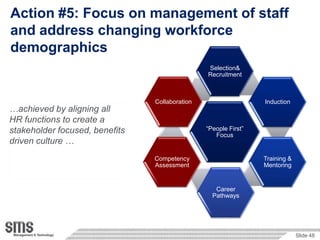 Action #5: Focus on management of staff
and address changing workforce
demographics
                                                Selection&
                                                Recruitment



                                Collaboration                    Induction
…achieved by aligning all
HR functions to create a
stakeholder focused, benefits                   “People First”
                                                   Focus
driven culture …
                                Competency                       Training &
                                Assessment                       Mentoring


                                                   Career
                                                  Pathways




                                                                              Slide 48
 