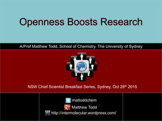 A/Prof Matthew Todd, School of Chemistry, The University of Sydney
mattoddchem
http://intermolecular.wordpress.com/
NSW Chief Scientist Breakfast Series, Sydney, Oct 28th 2015
Matthew Todd
 