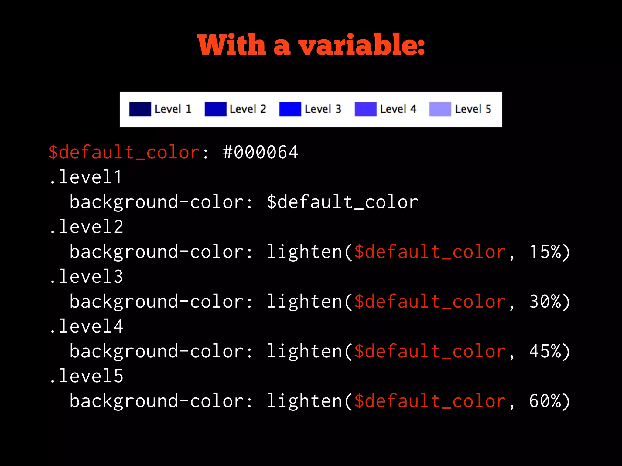 With a variable:


$default_color: #000064
.level1
  background-color: $default_color
.level2
  background-color: lighten($default_color,   15%)
.level3
  background-color: lighten($default_color,   30%)
.level4
  background-color: lighten($default_color,   45%)
.level5
  background-color: lighten($default_color,   60%)
 