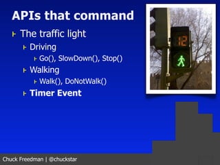 APIs that command
   ⱶ The traffic light
       ⱶ Driving
           ⱶ Go(), SlowDown(), Stop()
       ⱶ Walking
         ...