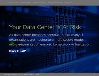 INTRODUCTION | VMWARE NSX | MICRO-SEGMENTATION | CASE STUDIES | CONCLUSIONINTRODUCTION | THE CHALLENGES | ZERO TRUST MODEL | MICRO-SEGMENTATION | CONCLUSION
Your Data Center Is At Risk
As data center breaches continue to rise, many IT
organizations are moving to a more secure model:
micro-segmentation enabled by network virtualization.
Here’s why.
2M O D E R N S EC U R I T Y F O R T H E M O D E R N DATA C E N T E R
 