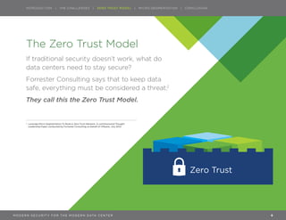 INTRODUCTION | VMWARE NSX | MICRO-SEGMENTATION | CASE STUDIES | CONCLUSION
The Zero Trust Model
If traditional security doesn’t work, what do
data centers need to stay secure?
Forrester Consulting says that to keep data
safe, everything must be considered a threat.2
They call this the Zero Trust Model.
Zero Trust
2
	Leverage Micro-Segmentation To Build A Zero Trust Network, A commissioned Thought
Leadership Paper conducted by Forrester Consulting on behalf of VMware, July 2015
INTRODUCTION | THE CHALLENGES | ZERO TRUST MODEL | MICRO-SEGMENTATION | CONCLUSION
6M O D E R N S EC U R I T Y F O R T H E M O D E R N DATA C E N T E R
 