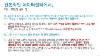 39
Q. 보통은 3-tier 로 구성, 이미 사용자는 데이터센터를 가지고 있는 상태, 클라우드를 위해 다
다시 구성할 수 있을까요? 아니면, leaf-spine 구성으로 옆에다 새로 만들까요?
A. 당연히 어렵겠죠. 물리적 위치의 한계에서 오는 기존 구성을 최대한 활용하기 위한 가장 좋은
방법은 서버 Tagging 입니다.
또한, vlan tagging 을 통해 자연스럽게 Multi-tenancy 제공이 가능합니다.
Q. 그럼, vlan tagging 엄청 좋네요? 별 문제 없겠는데요?
A. 그게 또 마냥 그렇지 않습니다. 네트워크 인프라를 관리해야 하는 네트워크 엔지니어가
바보가 됩니다. 어디서 뭐가 어떻게 움직이는지 파악할 수 없게 되므로, 임계치 이상의
사용율을 보일 때 적시에 대응이 어려워 지며, 그에 따른 확장성에 문제가 발생할 수 있죠.
서버 엔지니어의 입장에서 봐도 IP 를 가지고 마음대로 움직일 순 있지만, 항상 tag 를 달고
같이 다녀야 하는 이슈가 발생합니다.
전통적인 데이터센터에서,
다시 고민해 봅시다.
 
