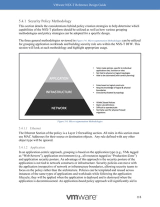 VMware NSX-T Reference Design Guide
118
Security Policy Methodology
This section details the considerations behind policy creation strategies to help determine which
capabilities of the NSX-T platform should be utilized as well as how various grouping
methodologies and policy strategies can be adopted for a specific design.
The three general methodologies reviewed in Figure 5-6: Micro-segmentation Methodologies can be utilized
for grouping application workloads and building security rule sets within the NSX-T DFW. This
section will look at each methodology and highlight appropriate usage.
Figure 5-6: Micro-segmentation Methodologies
5.4.1.1 Ethernet
The Ethernet Section of the policy is a Layer 2 firewalling section. All rules in this section must
use MAC Addresses for their source or destination objects. Any rule defined with any other
object type will be ignored.
5.4.1.2 Application
In an application-centric approach, grouping is based on the application type (e.g., VMs tagged
as “Web-Servers”), application environment (e.g., all resources tagged as “Production-Zone”)
and application security posture. An advantage of this approach is the security posture of the
application is not tied to network constructs or infrastructure. Security policies can move with
the application irrespective of network or infrastructure boundaries, allowing security teams to
focus on the policy rather than the architecture. Policies can be templated and reused across
instances of the same types of applications and workloads while following the application
lifecycle; they will be applied when the application is deployed and is destroyed when the
application is decommissioned. An application-based policy approach will significantly aid in
 