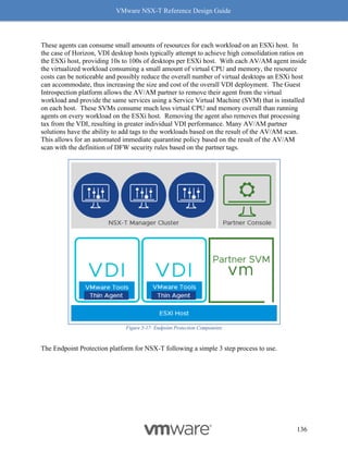 VMware NSX-T Reference Design Guide
136
These agents can consume small amounts of resources for each workload on an ESXi host. In
the case of Horizon, VDI desktop hosts typically attempt to achieve high consolidation ratios on
the ESXi host, providing 10s to 100s of desktops per ESXi host. With each AV/AM agent inside
the virtualized workload consuming a small amount of virtual CPU and memory, the resource
costs can be noticeable and possibly reduce the overall number of virtual desktops an ESXi host
can accommodate, thus increasing the size and cost of the overall VDI deployment. The Guest
Introspection platform allows the AV/AM partner to remove their agent from the virtual
workload and provide the same services using a Service Virtual Machine (SVM) that is installed
on each host. These SVMs consume much less virtual CPU and memory overall than running
agents on every workload on the ESXi host. Removing the agent also removes that processing
tax from the VDI, resulting in greater individual VDI performance. Many AV/AM partner
solutions have the ability to add tags to the workloads based on the result of the AV/AM scan.
This allows for an automated immediate quarantine policy based on the result of the AV/AM
scan with the definition of DFW security rules based on the partner tags.
Figure 5-17: Endpoint Protection Components
The Endpoint Protection platform for NSX-T following a simple 3 step process to use.
 