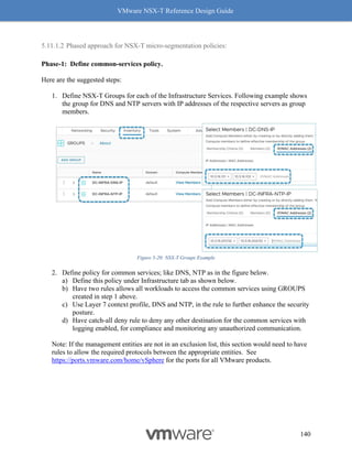 VMware NSX-T Reference Design Guide
140
5.11.1.2 Phased approach for NSX-T micro-segmentation policies:
Phase-1: Define common-services policy.
Here are the suggested steps:
1. Define NSX-T Groups for each of the Infrastructure Services. Following example shows
the group for DNS and NTP servers with IP addresses of the respective servers as group
members.
Figure 5-20: NSX-T Groups Example
2. Define policy for common services; like DNS, NTP as in the figure below.
a) Define this policy under Infrastructure tab as shown below.
b) Have two rules allows all workloads to access the common services using GROUPS
created in step 1 above.
c) Use Layer 7 context profile, DNS and NTP, in the rule to further enhance the security
posture.
d) Have catch-all deny rule to deny any other destination for the common services with
logging enabled, for compliance and monitoring any unauthorized communication.
Note: If the management entities are not in an exclusion list, this section would need to have
rules to allow the required protocols between the appropriate entities. See
https://ports.vmware.com/home/vSphere for the ports for all VMware products.
 