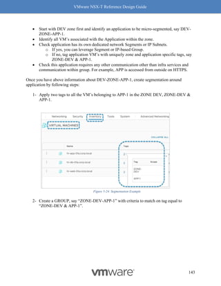 VMware NSX-T Reference Design Guide
143
• Start with DEV zone first and identify an application to be micro-segmented, say DEV-
ZONE-APP-1.
• Identify all VM’s associated with the Application within the zone.
• Check application has its own dedicated network Segments or IP Subnets.
o If yes, you can leverage Segment or IP-based Group.
o If no, tag application VM’s with uniquely zone and application specific tags, say
ZONE-DEV & APP-1.
• Check this application requires any other communication other than infra services and
communication within group. For example, APP is accessed from outside on HTTPS.
Once you have above information about DEV-ZONE-APP-1, create segmentation around
application by following steps:
1- Apply two tags to all the VM’s belonging to APP-1 in the ZONE DEV, ZONE-DEV &
APP-1.
Figure 5-24: Segmentation Example
2- Create a GROUP, say “ZONE-DEV-APP-1” with criteria to match on tag equal to
“ZONE-DEV & APP-1”.
 