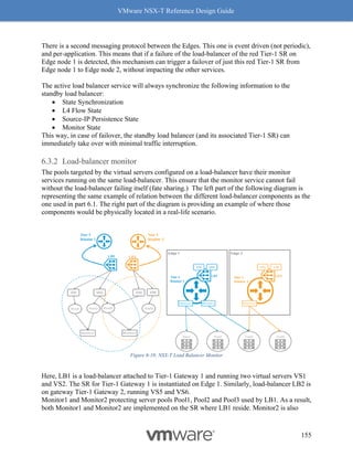 VMware NSX-T Reference Design Guide
155
There is a second messaging protocol between the Edges. This one is event driven (not periodic),
and per-application. This means that if a failure of the load-balancer of the red Tier-1 SR on
Edge node 1 is detected, this mechanism can trigger a failover of just this red Tier-1 SR from
Edge node 1 to Edge node 2, without impacting the other services.
The active load balancer service will always synchronize the following information to the
standby load balancer:
• State Synchronization
• L4 Flow State
• Source-IP Persistence State
• Monitor State
This way, in case of failover, the standby load balancer (and its associated Tier-1 SR) can
immediately take over with minimal traffic interruption.
Load-balancer monitor
The pools targeted by the virtual servers configured on a load-balancer have their monitor
services running on the same load-balancer. This ensure that the monitor service cannot fail
without the load-balancer failing itself (fate sharing.) The left part of the following diagram is
representing the same example of relation between the different load-balancer components as the
one used in part 6.1. The right part of the diagram is providing an example of where those
components would be physically located in a real-life scenario.
Figure 6-10: NSX-T Load Balancer Monitor
Here, LB1 is a load-balancer attached to Tier-1 Gateway 1 and running two virtual servers VS1
and VS2. The SR for Tier-1 Gateway 1 is instantiated on Edge 1. Similarly, load-balancer LB2 is
on gateway Tier-1 Gateway 2, running VS5 and VS6.
Monitor1 and Monitor2 protecting server pools Pool1, Pool2 and Pool3 used by LB1. As a result,
both Monitor1 and Monitor2 are implemented on the SR where LB1 reside. Monitor2 is also
 
