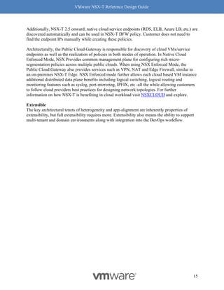VMware NSX-T Reference Design Guide
15
Additionally, NSX-T 2.5 onward, native cloud service endpoints (RDS, ELB, Azure LB, etc.) are
discovered automatically and can be used in NSX-T DFW policy. Customer does not need to
find the endpoint IPs manually while creating these policies.
Architecturally, the Public Cloud Gateway is responsible for discovery of cloud VMs/service
endpoints as well as the realization of policies in both modes of operation. In Native Cloud
Enforced Mode, NSX Provides common management plane for configuring rich micro-
segmentation policies across multiple public clouds. When using NSX Enforced Mode, the
Public Cloud Gateway also provides services such as VPN, NAT and Edge Firewall, similar to
an on-premises NSX-T Edge. NSX Enforced mode further allows each cloud based VM instance
additional distributed data plane benefits including logical switching, logical routing and
monitoring features such as syslog, port-mirroring, IPFIX, etc -all the while allowing customers
to follow cloud providers best practices for designing network topologies. For further
information on how NSX-T is benefiting in cloud workload visit NSXCLOUD and explore.
Extensible
The key architectural tenets of heterogeneity and app-alignment are inherently properties of
extensibility, but full extensibility requires more. Extensibility also means the ability to support
multi-tenant and domain environments along with integration into the DevOps workflow.
 