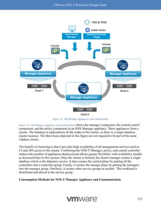 VMware NSX-T Reference Design Guide
172
Figure 7-8: NSX Manager Appliances with Combined Role
Figure 7-8: NSX Manager Appliances with Combined Role shows the manager component, the central control
component, and the policy component in an NSX Manager appliance. Three appliances form a
cluster. The database is replicated to all the nodes in the cluster, so there is a single database
cluster instance. The three hosts depicted in this figure are not required to be part of the same
vSphere cluster.
The benefit of clustering is that it provides high availability of all management services such as
UI and API access to the cluster. Combining the NSX-T Manager, policy, and central controller
reduces the number of appliances deployed and allows greater flexibility with availability models
as discussed later in this section. Once the cluster is formed, the cluster manager creates a single
database which is the datastore service. It then creates the control plane by putting all the
controllers into a controller group. Finally, it creates the manage plane by putting the managers
into the manager group. Similarly, it creates other service groups as needed. The workload is
distributed and shared in the service group.
Consumption Methods for NSX-T Manager Appliance and Communication
vCenter
Cloud Service
Manager
Network Container
Plugin
vCenter
Host 1
Manager Appliance
Host 2
Manager Appliance
Host 3
Manager Appliance
TAS & TKGI
 