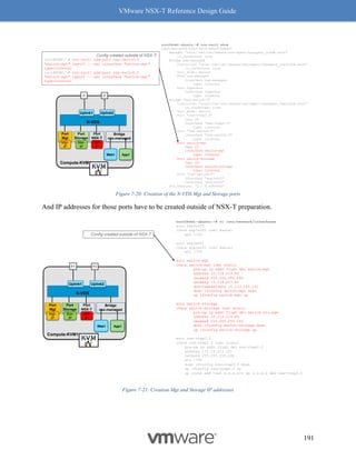 VMware NSX-T Reference Design Guide
191
Figure 7-20: Creation of the N-VDS Mgt and Storage ports
And IP addresses for those ports have to be created outside of NSX-T preparation.
Figure 7-21: Creation Mgt and Storage IP addresses
root@kvm1-ubuntu:~# ovs-vsctl show
1def29bb-ac94-41b3-8474-486c87d96ef1
Manager "unix:/var/run/vmware/nsx-agent/nsxagent_ovsdb.sock"
is_connected: true
Bridge nsx-managed
Controller "unix:/var/run/vmware/nsx-agent/nsxagent_vswitchd.sock"
is_connected: true
fail_mode: secure
Port nsx-managed
Interface nsx-managed
type: internal
Port hyperbus
Interface hyperbus
type: internal
Bridge "nsx-switch.0"
Controller "unix:/var/run/vmware/nsx-agent/nsxagent_vswitchd.sock"
is_connected: true
fail_mode: secure
Port "nsx-vtep0.0"
tag: 25
Interface "nsx-vtep0.0"
type: internal
Port "nsx-switch.0"
Interface "nsx-switch.0"
type: internal
Port switch-mgt
tag: 22
Interface switch-mgt
type: internal
Port switch-storage
tag: 23
Interface switch-storage
type: internal
Port "nsx-uplink.0"
Interface "enp3s0f1"
Interface "enp3s0f0"
ovs_version: "2.7.0.6383692"
Config created outside of NSX-T:
root@KVM1:~# ovs-vsctl add-port nsx-switch.0
"switch-mgt" tag=22 -- set interface "switch-mgt"
type=internal
root@KVM1:~# ovs-vsctl add-port nsx-switch.0
"switch-mgt" tag=22 -- set interface "switch-mgt"
type=internal
Compute-KVM1
Port
NSX-T
Port
Mgt
N-VDS
Uplink2
Uplink1
Web1 App1
Bridge
nsx-managed
P
1
P
2
TEP-
IP
Mgt-
IP
Port
Storage
Stor-
IP
root@kvm1-ubuntu:~# vi /etc/network/interfaces
auto enp3s0f0
iface enp3s0f0 inet manual
mtu 1700
auto enp3s0f1
iface enp3s0f1 inet manual
mtu 1700
auto switch-mgt
iface switch-mgt inet static
pre-up ip addr flush dev switch-mgt
address 10.114.213.86
netmask 255.255.255.240
gateway 10.114.213.81
dns-nameservers 10.113.165.131
down ifconfig switch-mgt down
up ifconfig switch-mgt up
auto switch-storage
iface switch-storage inet static
pre-up ip addr flush dev switch-storage
address 10.114.214.86
netmask 255.255.255.240
down ifconfig switch-storage down
up ifconfig switch-storage up
auto nsx-vtep0.0
iface nsx-vtep0.0 inet static
pre-up ip addr flush dev nsx-vtep0.0
address 172.16.213.101
netmask 255.255.255.240
mtu 1700
down ifconfig nsx-vtep0.0 down
up ifconfig nsx-vtep0.0 up
up route add -net x.x.x.x/x gw x.x.x.x dev nsx-vtep0.0
Config created outside of NSX-T
Compute-KVM1
Port
NSX-T
Port
Mgt
N-VDS
Uplink2
Uplink1
Web1 App1
Bridge
nsx-managed
P1 P2
TEP-
IP
Mgt-
IP
Port
Storage
Stor-
IP
 
