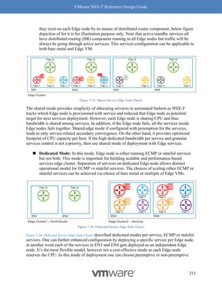 VMware NSX-T Reference Design Guide
211
they exist on each Edge node by its nature of distributed router component, below figure
depiction of for it is for illustration purpose only. Note that active/standby services all
have distributed routing (DR) component running in all Edge nodes but traffic will be
always be going through active services. This services configuration can be applicable to
both bare metal and Edge VM.
Figure 7-33: Shared Service Edge Node Cluster
The shared mode provides simplicity of allocating services in automated fashion as NSX-T
tracks which Edge node is provisioned with service and reduced that Edge node as potential
target for next services deployment. However, each Edge node is sharing CPU and thus
bandwidth is shared among services. In addition, if the Edge node fails, all the services inside
Edge nodes fails together. Shared edge mode if configured with preemption for the services,
leads to only service-related secondary convergence. On the other hand, it provides optimized
footprint of CPU capacity per host. If the high dedicated bandwidth per service and granular
services control is not a priority, then use shared mode of deployment with Edge services.
◼ Dedicated Mode: In this mode, Edge node is either running ECMP or stateful services
but not both. This mode is important for building scalable and performance-based
services edge cluster. Separation of services on dedicated Edge node allows distinct
operational model for ECMP vs stateful services. The choices of scaling either ECMP or
stateful services can be achieved via choice of bare metal or multiple of Edge VMs.
Figure 7-34: Dedicated Service Edge Node Cluster
Figure 7-34: Dedicated Service Edge Node Cluster described dedicated modes per service, ECMP or stateful
services. One can further enhanced configuration by deploying a specific service per Edge node,
in another word each of the services in EN3 and EN4 gets deployed as an independent Edge
node. It’s the most flexible model, however not a cost-effective mode as each Edge node
reserves the CPU. In this mode of deployment one can choose preemptive or non-preemptive
 