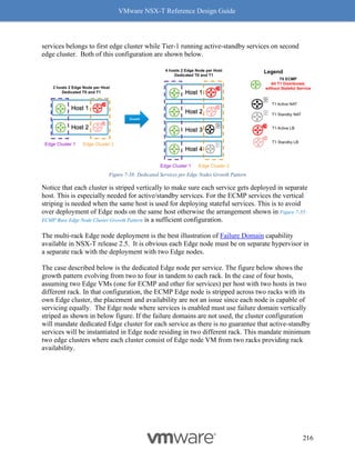 VMware NSX-T Reference Design Guide
216
services belongs to first edge cluster while Tier-1 running active-standby services on second
edge cluster. Both of this configuration are shown below.
Figure 7-38: Dedicated Services per Edge Nodes Growth Pattern
Notice that each cluster is striped vertically to make sure each service gets deployed in separate
host. This is especially needed for active/standby services. For the ECMP services the vertical
striping is needed when the same host is used for deploying stateful services. This is to avoid
over deployment of Edge nods on the same host otherwise the arrangement shown in Figure 7-35:
ECMP Base Edge Node Cluster Growth Pattern is a sufficient configuration.
The multi-rack Edge node deployment is the best illustration of Failure Domain capability
available in NSX-T release 2.5. It is obvious each Edge node must be on separate hypervisor in
a separate rack with the deployment with two Edge nodes.
The case described below is the dedicated Edge node per service. The figure below shows the
growth pattern evolving from two to four in tandem to each rack. In the case of four hosts,
assuming two Edge VMs (one for ECMP and other for services) per host with two hosts in two
different rack. In that configuration, the ECMP Edge node is stripped across two racks with its
own Edge cluster, the placement and availability are not an issue since each node is capable of
servicing equally. The Edge node where services is enabled must use failure domain vertically
striped as shown in below figure. If the failure domains are not used, the cluster configuration
will mandate dedicated Edge cluster for each service as there is no guarantee that active-standby
services will be instantiated in Edge node residing in two different rack. This mandate minimum
two edge clusters where each cluster consist of Edge node VM from two racks providing rack
availability.
 