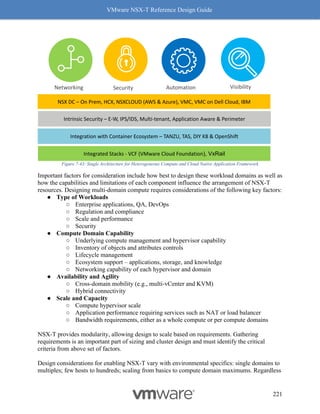 VMware NSX-T Reference Design Guide
221
Figure 7-43: Single Architecture for Heterogeneous Compute and Cloud Native Application Framework
Important factors for consideration include how best to design these workload domains as well as
how the capabilities and limitations of each component influence the arrangement of NSX-T
resources. Designing multi-domain compute requires considerations of the following key factors:
● Type of Workloads
○ Enterprise applications, QA, DevOps
○ Regulation and compliance
○ Scale and performance
○ Security
● Compute Domain Capability
○ Underlying compute management and hypervisor capability
○ Inventory of objects and attributes controls
○ Lifecycle management
○ Ecosystem support – applications, storage, and knowledge
○ Networking capability of each hypervisor and domain
● Availability and Agility
○ Cross-domain mobility (e.g., multi-vCenter and KVM)
○ Hybrid connectivity
● Scale and Capacity
○ Compute hypervisor scale
○ Application performance requiring services such as NAT or load balancer
○ Bandwidth requirements, either as a whole compute or per compute domains
NSX-T provides modularity, allowing design to scale based on requirements. Gathering
requirements is an important part of sizing and cluster design and must identify the critical
criteria from above set of factors.
Design considerations for enabling NSX-T vary with environmental specifics: single domains to
multiples; few hosts to hundreds; scaling from basics to compute domain maximums. Regardless
Visibility
Automation
NSX DC – On Prem, HCX, NSXCLOUD (AWS & Azure), VMC, VMC on Dell Cloud, IBM
Integration with Container Ecosystem – TANZU, TAS, DIY K8 & OpenShift
Integrated Stacks - VCF (VMware Cloud Foundation), VxRail
Networking Security
Intrinsic Security – E-W, IPS/IDS, Multi-tenant, Application Aware & Perimeter
 