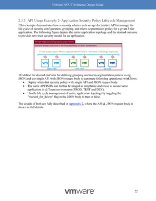 VMware NSX-T Reference Design Guide
22
API Usage Example 2- Application Security Policy Lifecycle Management
This example demonstrates how a security admin can leverage declarative API to manage the
life cycle of security configuration, grouping, and micro-segmentation policy for a given 3-tier
application. The following figure depicts the entire application topology and the desired outcome
to provide zero trust security model for an application.
TO define the desired outcome for defining grouping and micro-segmentation polices using
JSON and use single API with JSON request body to automate following operational workflows:
• Deploy white-list security policy with single API and JSON request body.
• The same API/JSON can further leveraged to templatize and reuse to secure same
application in different environment (PROD, TEST and DEV).
• Handle life cycle management of entire application topology by toggling the
"marked_for_delete" flag in the JSON body to true or false.
The details of both are fully described in Appendix 2, where the API & JSON request body is
shown in full details.
 