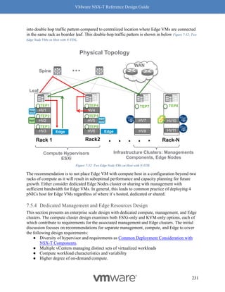 VMware NSX-T Reference Design Guide
231
into double hop traffic pattern compared to centralized location where Edge VMs are connected
in the same rack as boarder leaf. This double-hop traffic pattern is shown in below Figure 7-52: Two
Edge Node VMs on Host with N-VDS.
Figure 7-52: Two Edge Node VMs on Host with N-VDS
The recommendation is to not place Edge VM with compute host in a configuration beyond two
racks of compute as it will result in suboptimal performance and capacity planning for future
growth. Either consider dedicated Edge Nodes cluster or sharing with management with
sufficient bandwidth for Edge VMs. In general, this leads to common practice of deploying 4
pNICs host for Edge VMs regardless of where it’s hosted, dedicated or shared.
Dedicated Management and Edge Resources Design
This section presents an enterprise scale design with dedicated compute, management, and Edge
clusters. The compute cluster design examines both ESXi-only and KVM-only options, each of
which contribute to requirements for the associated management and Edge clusters. The initial
discussion focuses on recommendations for separate management, compute, and Edge to cover
the following design requirements:
● Diversity of hypervisor and requirements as Common Deployment Consideration with
NSX-T Components.
● Multiple vCenters managing distinct sets of virtualized workloads
● Compute workload characteristics and variability
● Higher degree of on-demand compute.
Leaf
Spine
HV1
TEP1
HV2
TEP2
HV3
TEP3
HV4
TEP4
HV5
TEP5
HV6
TEP6
TEP7
Edge
HV7
HV8
Web1
WAN
Edge
HV10
HV11
TEP8
Web2
App2
Compute Hypervisors
ESXi
Infrastructure Clusters: Managements
Components, Edge Nodes
Physical Topology
Rack 1 Rack2 Rack-N
 