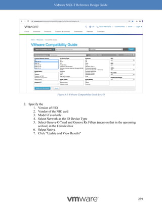 VMware NSX-T Reference Design Guide
239
Figure 8-5: VMware Compatibility Guide for I/O
2. Specify the
1. Version of ESX
2. Vendor of the NIC card
3. Model if available
4. Select Network as the IO Device Type
5. Select Geneve Offload and Geneve Rx Filters (more on that in the upcoming
section) in the Features box
6. Select Native
7. Click “Update and View Results”
 