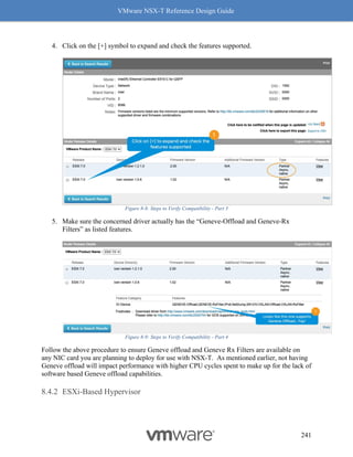 VMware NSX-T Reference Design Guide
241
4. Click on the [+] symbol to expand and check the features supported.
Figure 8-8: Steps to Verify Compatibility - Part 3
5. Make sure the concerned driver actually has the “Geneve-Offload and Geneve-Rx
Filters” as listed features.
Figure 8-9: Steps to Verify Compatibility - Part 4
Follow the above procedure to ensure Geneve offload and Geneve Rx Filters are available on
any NIC card you are planning to deploy for use with NSX-T. As mentioned earlier, not having
Geneve offload will impact performance with higher CPU cycles spent to make up for the lack of
software based Geneve offload capabilities.
ESXi-Based Hypervisor
 