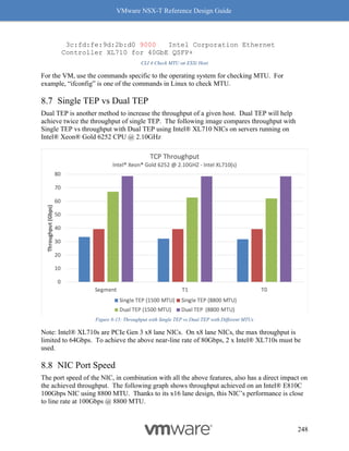 VMware NSX-T Reference Design Guide
248
3c:fd:fe:9d:2b:d0 9000 Intel Corporation Ethernet
Controller XL710 for 40GbE QSFP+
CLI 4 Check MTU on ESXi Host
For the VM, use the commands specific to the operating system for checking MTU. For
example, “ifconfig” is one of the commands in Linux to check MTU.
Single TEP vs Dual TEP
Dual TEP is another method to increase the throughput of a given host. Dual TEP will help
achieve twice the throughput of single TEP. The following image compares throughput with
Single TEP vs throughput with Dual TEP using Intel® XL710 NICs on servers running on
Intel® Xeon® Gold 6252 CPU @ 2.10GHz
Figure 8-15: Throughput with Single TEP vs Dual TEP with Different MTUs
Note: Intel® XL710s are PCIe Gen 3 x8 lane NICs. On x8 lane NICs, the max throughput is
limited to 64Gbps. To achieve the above near-line rate of 80Gbps, 2 x Intel® XL710s must be
used.
NIC Port Speed
The port speed of the NIC, in combination with all the above features, also has a direct impact on
the achieved throughput. The following graph shows throughput achieved on an Intel® E810C
100Gbps NIC using 8800 MTU. Thanks to its x16 lane design, this NIC’s performance is close
to line rate at 100Gbps @ 8800 MTU.
 