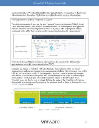 VMware NSX-T Reference Design Guide
24
and maintained by NSX without the need for any segment specific configuration in the physical
infrastructure, thus decoupling NSX virtual networking from this physical infrastructure.
Note: representation of NSX-T segments in vCenter
This design document will only use the term “segment” when referring to the NSX-T virtual
Layer broadcast domain. Note however that in the vCenter UI, those segments will appear as
“opaque networks” on host configured with an N-VDS, and as NSX dvportgroups on host
configured with a VDS. Below is a screenshot representing both possible representation:
Check the following KB article for more information on the impact of this difference in
representation: https://kb.vmware.com/s/article/79872
Segments are created as part of an NSX object called a transport zone. There are VLAN
transport zones and overlay transport zones. A segment created in a VLAN transport zone will be
a VLAN backed segment, while, as you can guess, a segment created in an overlay transport
zone will be an overlay backed segment. NSX transport nodes attach to one or more transport
zones, and as a result, they gain access to the segments created in those transport zones.
Transport zones can thus be seen as objects defining the scope of the virtual network because
they provide access to groups of segments to the hosts that attach to them, as illustrated in Figure
3-1: NSX-T Transport Zone below:
Figure 3-1: NSX-T Transport Zone
 