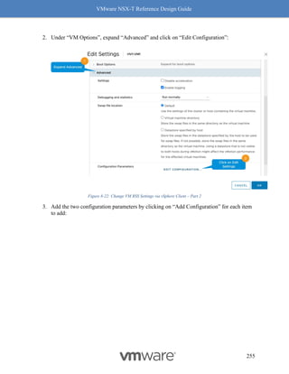 VMware NSX-T Reference Design Guide
255
2. Under “VM Options”, expand “Advanced” and click on “Edit Configuration”:
Figure 8-22: Change VM RSS Settings via vSphere Client – Part 2
3. Add the two configuration parameters by clicking on “Add Configuration” for each item
to add:
 