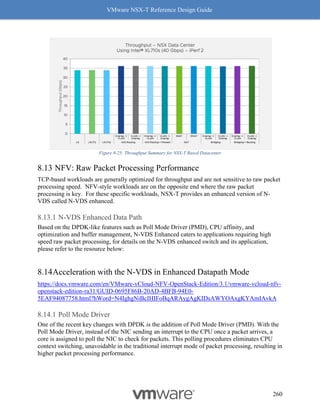 VMware NSX-T Reference Design Guide
260
Figure 8-25: Throughput Summary for NSX-T Based Datacenter
NFV: Raw Packet Processing Performance
TCP-based workloads are generally optimized for throughput and are not sensitive to raw packet
processing speed. NFV-style workloads are on the opposite end where the raw packet
processing is key. For these specific workloads, NSX-T provides an enhanced version of N-
VDS called N-VDS enhanced.
N-VDS Enhanced Data Path
Based on the DPDK-like features such as Poll Mode Driver (PMD), CPU affinity, and
optimization and buffer management, N-VDS Enhanced caters to applications requiring high
speed raw packet processing, for details on the N-VDS enhanced switch and its application,
please refer to the resource below:
Acceleration with the N-VDS in Enhanced Datapath Mode
https://docs.vmware.com/en/VMware-vCloud-NFV-OpenStack-Edition/3.1/vmware-vcloud-nfv-
openstack-edition-ra31/GUID-0695F86B-20AD-4BFB-94E0-
5EAF94087758.html?hWord=N4IghgNiBcIHIFoBqARAygAgKIDsAWYOAxgKYAmIAvkA
Poll Mode Driver
One of the recent key changes with DPDK is the addition of Poll Mode Driver (PMD). With the
Poll Mode Driver, instead of the NIC sending an interrupt to the CPU once a packet arrives, a
core is assigned to poll the NIC to check for packets. This polling procedures eliminates CPU
context switching, unavoidable in the traditional interrupt mode of packet processing, resulting in
higher packet processing performance.
 