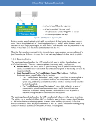 VMware NSX-T Reference Design Guide
26
Figure 3-2: N-VDS Uplinks vs. Hypervisor pNICs
In this example, a single virtual switch with two uplinks is defined on the hypervisor transport
node. One of the uplinks is a LAG, bundling physical port p1 and p2, while the other uplink is
only backed by a single physical port p3. Both uplinks look the same from the perspective of the
virtual switch; there is no functional difference between the two.
Note that the example represented in this picture is by no means a design recommendation, it’s
just illustrating the difference between the virtual switch uplinks and the host physical uplinks.
Teaming Policy
The teaming policy defines how the NSX virtual switch uses its uplinks for redundancy and
traffic load balancing. There are two main options for teaming policy configuration:
● Failover Order – An active uplink is specified along with an optional list of standby
uplinks. Should the active uplink fail, the next available uplink in the standby list takes its
place immediately.
● Load Balanced Source Port/Load Balance Source Mac Address – Traffic is
distributed across a specified list of active uplinks.
○ The “Load Balanced Source Port” policy maps a virtual interface to an uplink of
the host. Traffic sent by this virtual interface will leave the host through this
uplink only, and traffic destined to this virtual interface will necessarily enter the
host via this uplink.
○ The “Load Balanced Source Mac Address” goes a little bit further in term of
granularity for virtual interfaces that can source traffic from different mac
addresses: two frames sent by the same virtual interface could be pinned to
different host uplinks based on their source mac address.
The teaming policy only defines how the NSX virtual switch balances traffic across its uplinks.
The uplinks can in turn be individual pNICs or LAGs (as seen in the previous section.) Note that
a LAG uplink has its own hashing options, however, those hashing options only define how
traffic is distributed across the physical members of the LAG uplink, whereas the teaming policy
define how traffic is distributed between NSX virtual switch uplinks.
 