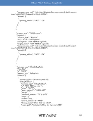VMware NSX-T Reference Design Guide
269
"transport_zone_path": "/infra/sites/default/enforcement-points/default/transport-
zones/3a60b876-b912-400d-91b2-bdb0ef602fa0",
"subnets": [
{
"gateway_address": "10.20.2.1/24"
}
]
}
},
{
"resource_type": "ChildSegment",
"Segment": {
"resource_type": "Segment",
"id": "DEV-RED-db-segment",
"description": "DEV-RED-db-segment",
"display_name": "DEV-RED-db-segment",
"transport_zone_path": "/infra/sites/default/enforcement-points/default/transport-
zones/3a60b876-b912-400d-91b2-bdb0ef602fa0",
"subnets": [
{
"gateway_address": "10.20.3.1/24"
}
]
}
},
{
"resource_type": "ChildPolicyNat",
"PolicyNat": {
"id": "USER",
"resource_type": "PolicyNat",
"children": [
{
"resource_type": "ChildPolicyNatRule",
"PolicyNatRule": {
"resource_type": "PolicyNatRule",
"id": "DEV-RED-nat-rule-1",
"action": "SNAT",
"source_network": "10.10.0.0/23",
"service": "",
"translated_network": "30.30.30.20",
"scope": [],
"enabled": true,
"firewall_match": "BYPASS",
"display_name": "DEV-RED-nat-rule-1",
"parent_path": "/infra/tier-1s/DEV-tier-1-gw/nat/USER"
}
 