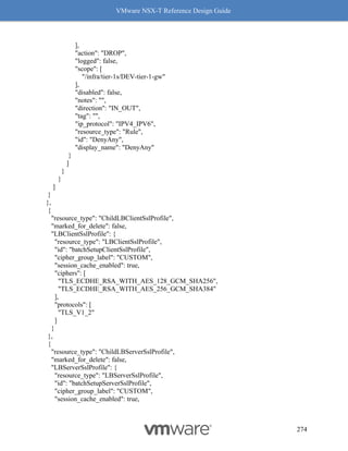 VMware NSX-T Reference Design Guide
274
],
"action": "DROP",
"logged": false,
"scope": [
"/infra/tier-1s/DEV-tier-1-gw"
],
"disabled": false,
"notes": "",
"direction": "IN_OUT",
"tag": "",
"ip_protocol": "IPV4_IPV6",
"resource_type": "Rule",
"id": "DenyAny",
"display_name": "DenyAny"
}
]
}
}
]
}
},
{
"resource_type": "ChildLBClientSslProfile",
"marked_for_delete": false,
"LBClientSslProfile": {
"resource_type": "LBClientSslProfile",
"id": "batchSetupClientSslProfile",
"cipher_group_label": "CUSTOM",
"session_cache_enabled": true,
"ciphers": [
"TLS_ECDHE_RSA_WITH_AES_128_GCM_SHA256",
"TLS_ECDHE_RSA_WITH_AES_256_GCM_SHA384"
],
"protocols": [
"TLS_V1_2"
]
}
},
{
"resource_type": "ChildLBServerSslProfile",
"marked_for_delete": false,
"LBServerSslProfile": {
"resource_type": "LBServerSslProfile",
"id": "batchSetupServerSslProfile",
"cipher_group_label": "CUSTOM",
"session_cache_enabled": true,
 