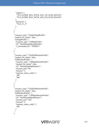 VMware NSX-T Reference Design Guide
275
"ciphers": [
"TLS_ECDHE_RSA_WITH_AES_128_GCM_SHA256",
"TLS_ECDHE_RSA_WITH_AES_256_GCM_SHA384"
],
"protocols": [
"TLS_V1_2"
]
}
},
{
"resource_type": "ChildLBAppProfile",
"marked_for_delete": false,
"LBAppProfile": {
"resource_type": "LBHttpProfile",
"id": "batchSetupHttpAppProfile",
"x_forwarded_for": "INSERT"
}
},
{
"resource_type": "ChildLBMonitorProfile",
"marked_for_delete": false,
"LBMonitorProfile": {
"resource_type": "LBHttpMonitorProfile",
"marked_for_delete": false,
"id": "batchSetupHttpMonitor1",
"monitor_port": 80,
"timeout": 5,
"response_status_codes": [
200,
300
]
}
},
{
"resource_type": "ChildLBMonitorProfile",
"marked_for_delete": false,
"LBMonitorProfile": {
"resource_type": "LBHttpsMonitorProfile",
"id": "batchSetupHttpsMonitor1",
"monitor_port": 443,
"timeout": 5,
"response_status_codes": [
200
]
}
},
 